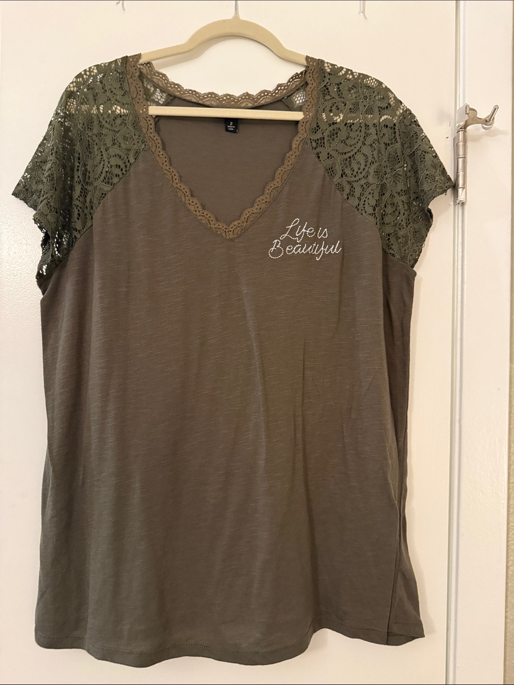 torrid Olive Green Lace Sleeve V-Neck Tee - "Life is Beautiful"